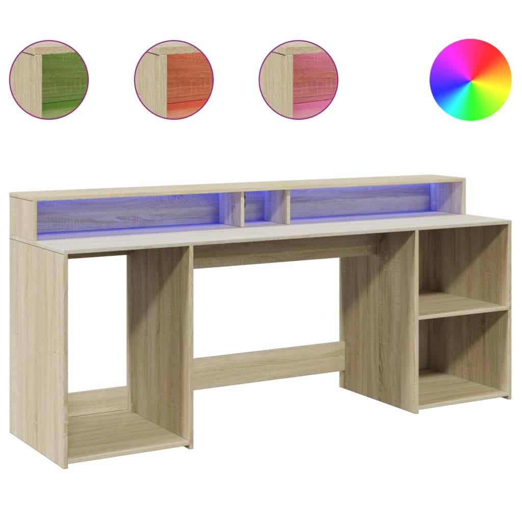 Modern Wooden 200cm Home Office Computer Desk Table With LED Lights & Storage