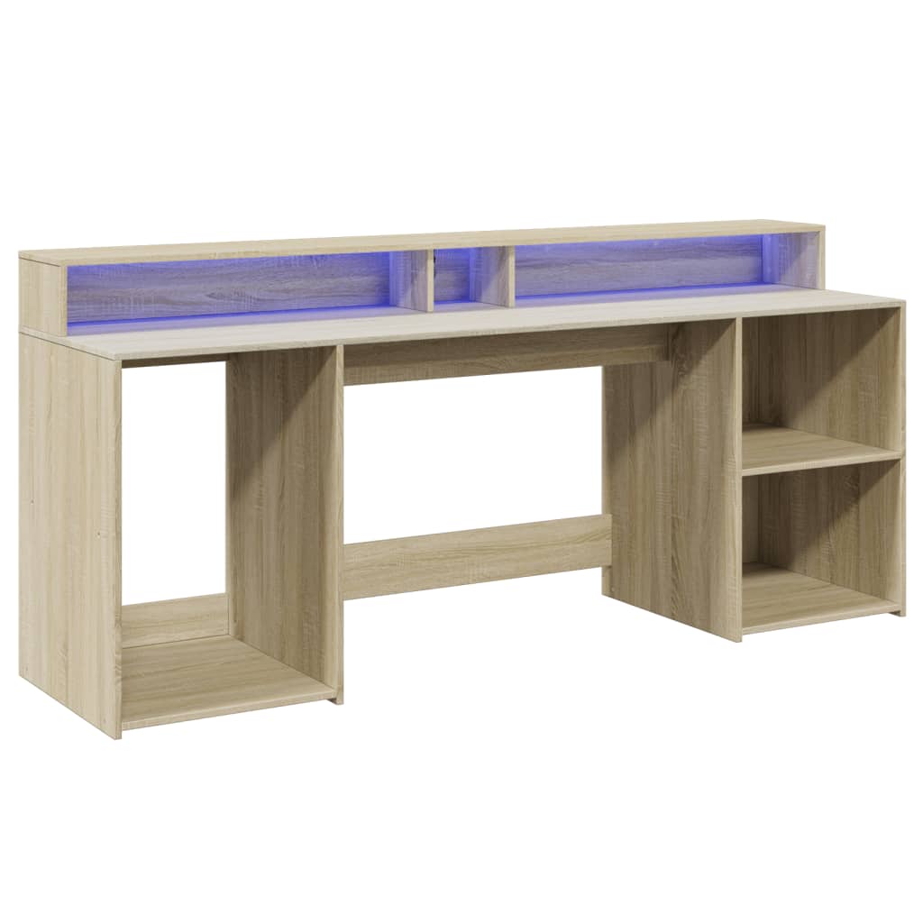 Modern Wooden 200cm Home Office Computer Desk Table With LED Lights & Storage