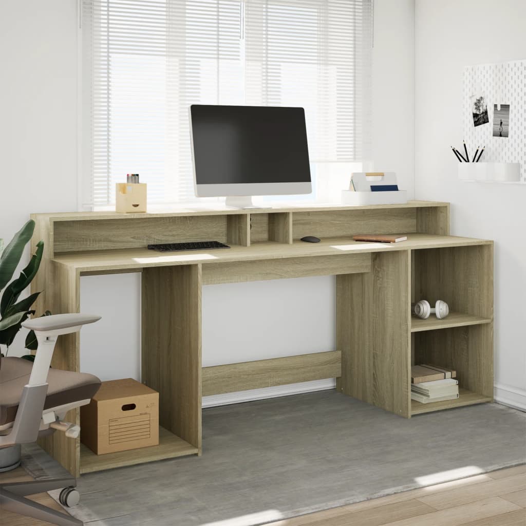 Modern Wooden 200cm Home Office Computer Desk Table With LED Lights & Storage