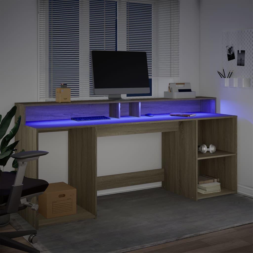 Modern Wooden 200cm Home Office Computer Desk Table With LED Lights & Storage