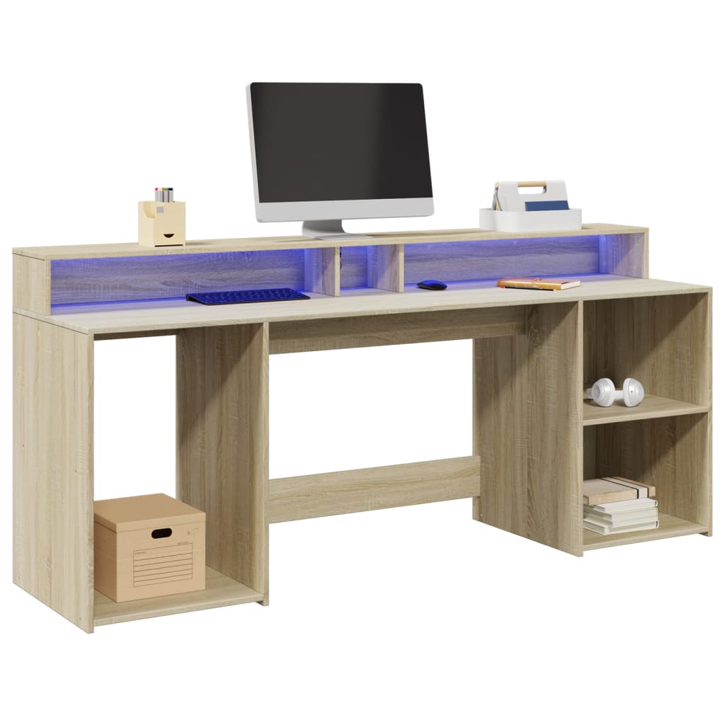Modern Wooden 200cm Home Office Computer Desk Table With LED Lights & Storage