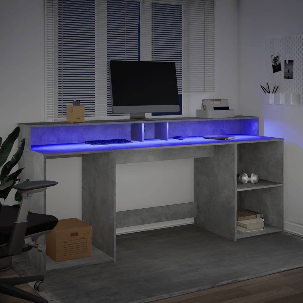 Modern Wooden 200cm Home Office Computer Desk Table With LED Lights & Storage
