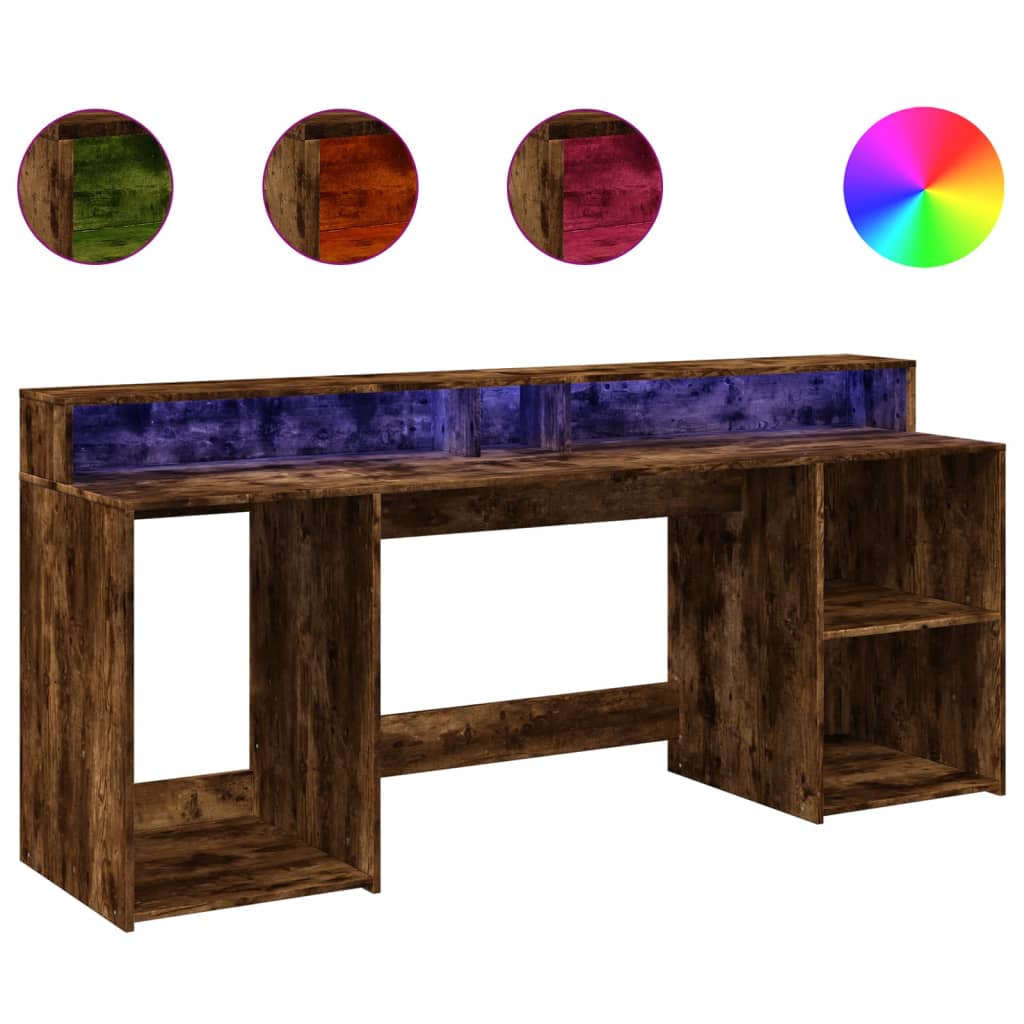 Modern Wooden 200cm Home Office Computer Desk Table With LED Lights & Storage