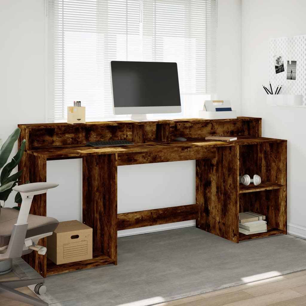 Modern Wooden 200cm Home Office Computer Desk Table With LED Lights & Storage