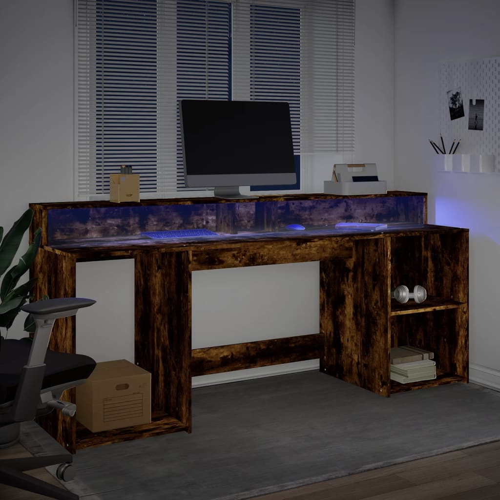 Modern Wooden 200cm Home Office Computer Desk Table With LED Lights & Storage
