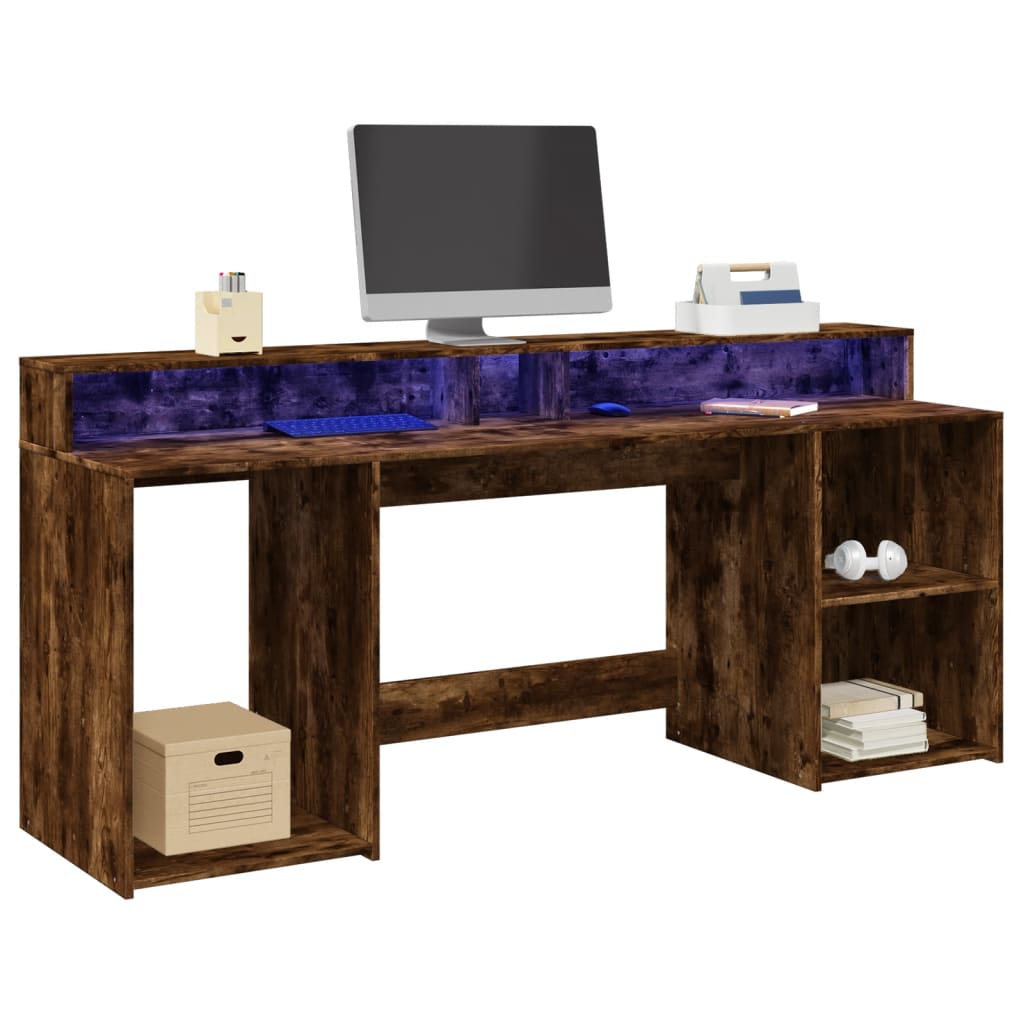 Modern Wooden 200cm Home Office Computer Desk Table With LED Lights & Storage