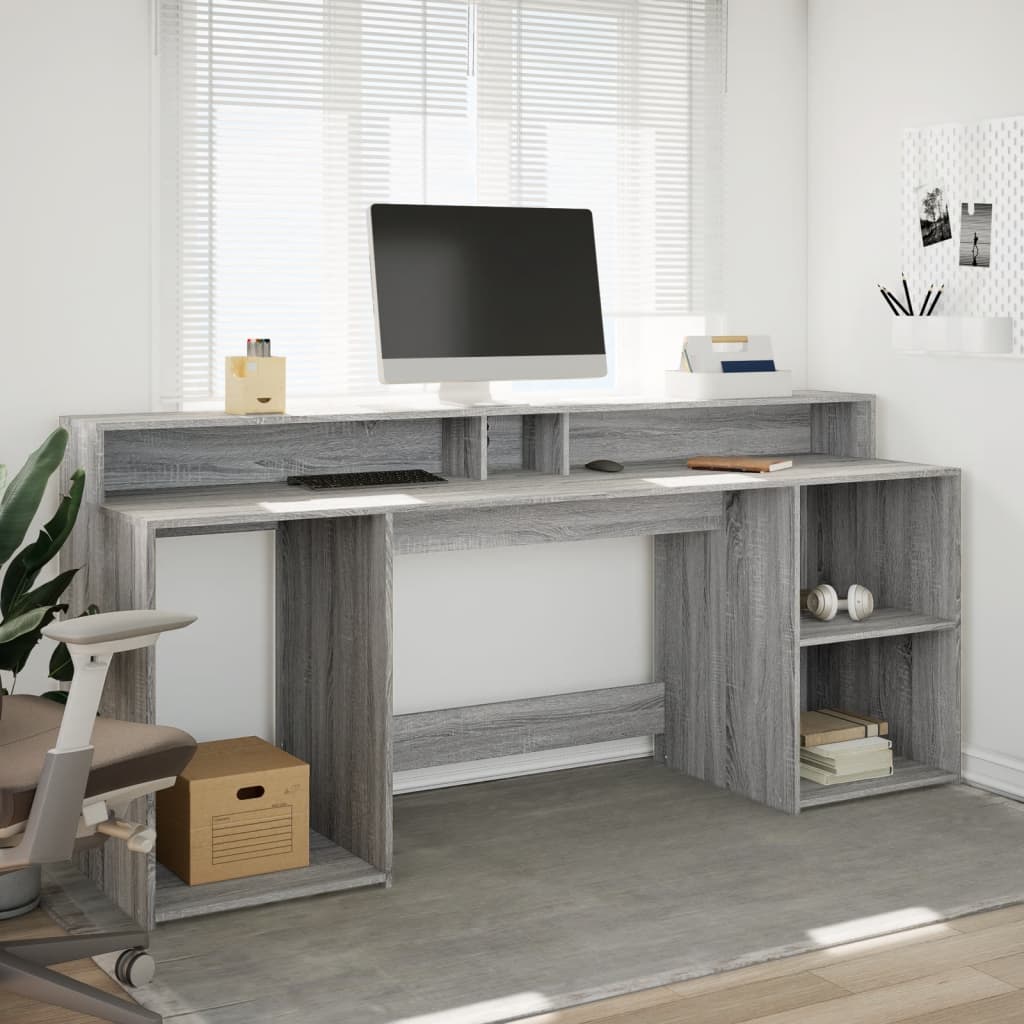 Modern Wooden 200cm Home Office Computer Desk Table With LED Lights & Storage