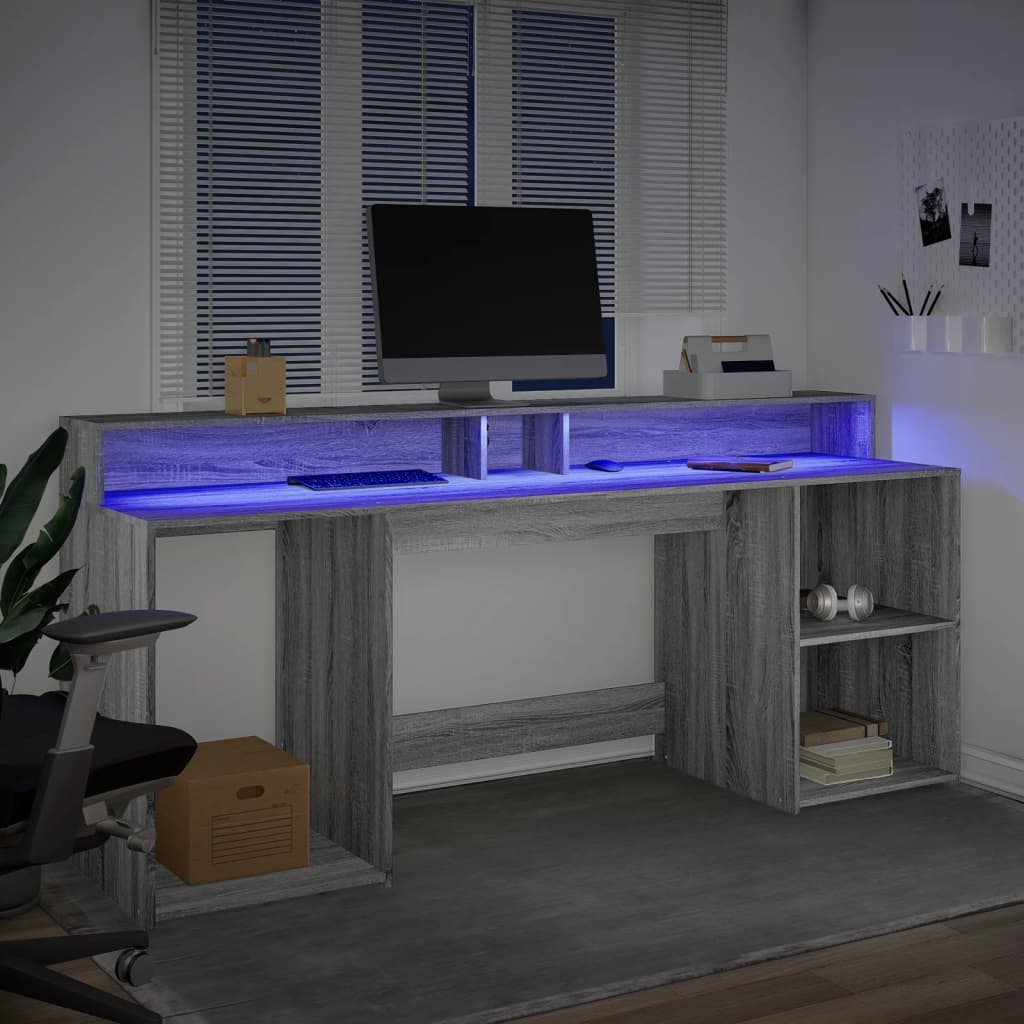Modern Wooden 200cm Home Office Computer Desk Table With LED Lights & Storage