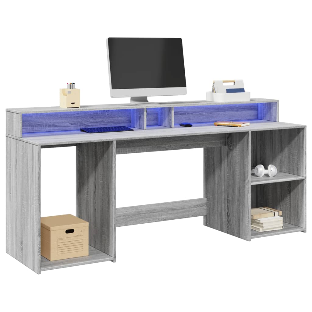 Modern Wooden 200cm Home Office Computer Desk Table With LED Lights & Storage