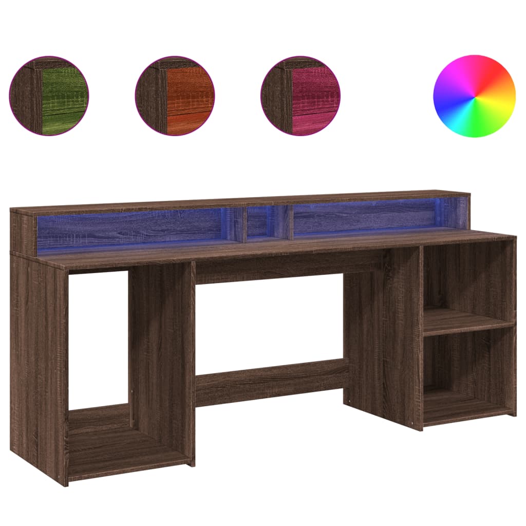 Modern Wooden 200cm Home Office Computer Desk Table With LED Lights & Storage