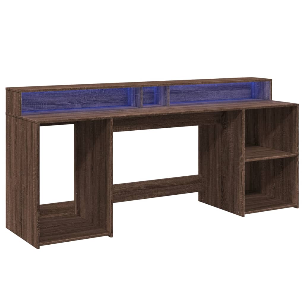Modern Wooden 200cm Home Office Computer Desk Table With LED Lights & Storage