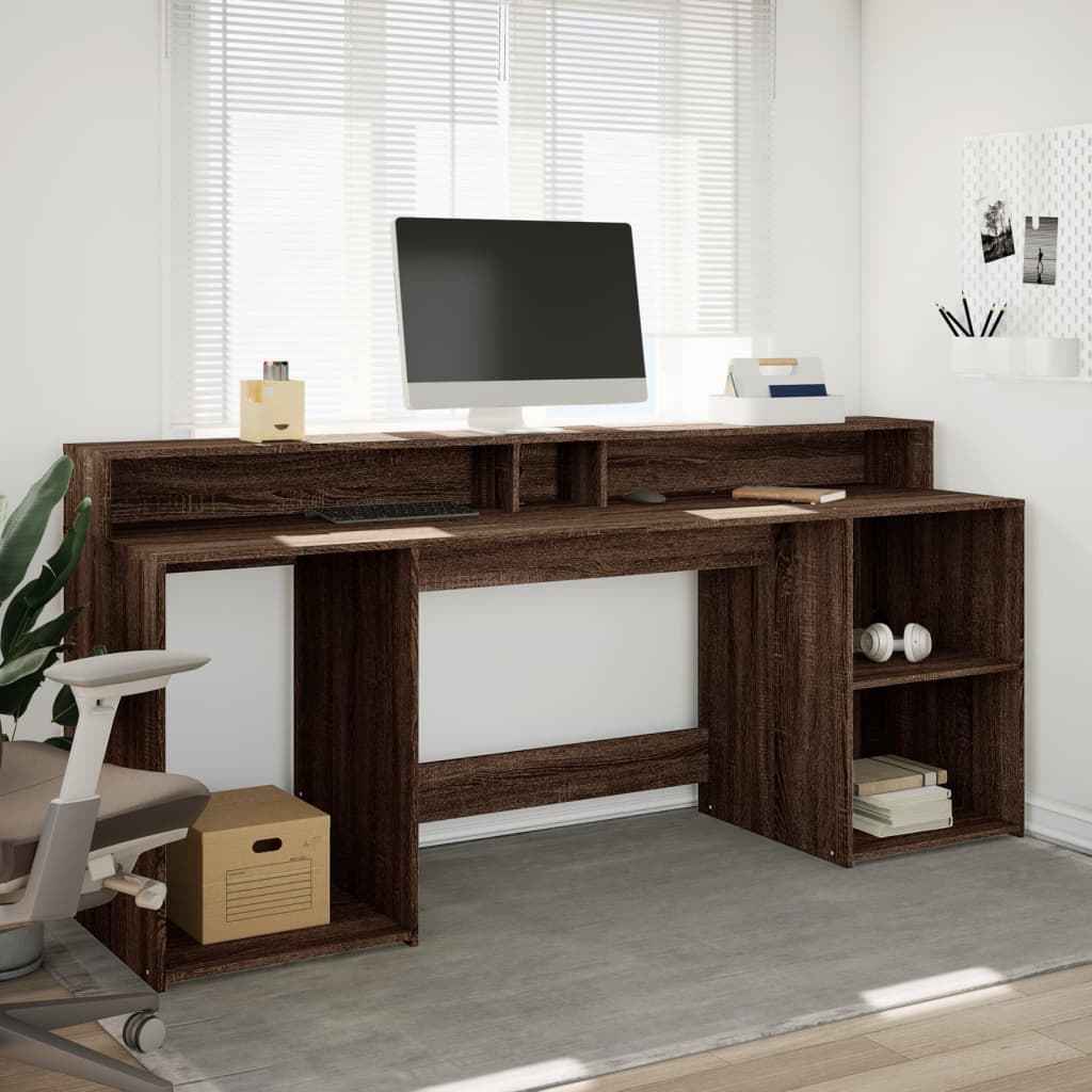 Modern Wooden 200cm Home Office Computer Desk Table With LED Lights & Storage