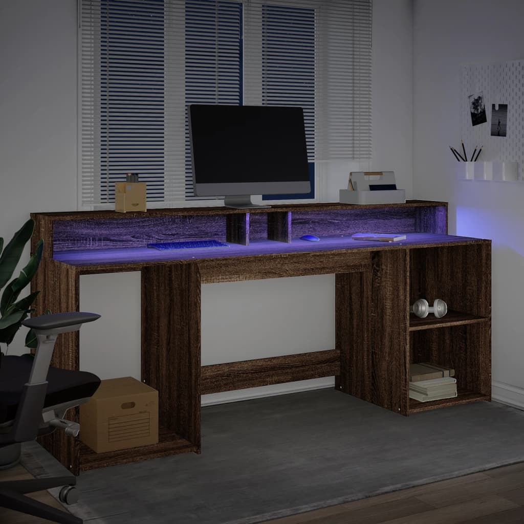 Modern Wooden 200cm Home Office Computer Desk Table With LED Lights & Storage