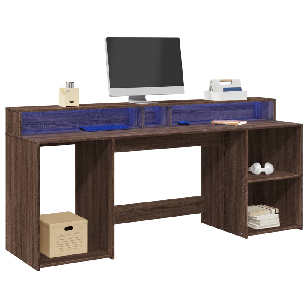 Modern Wooden 200cm Home Office Computer Desk Table With LED Lights & Storage