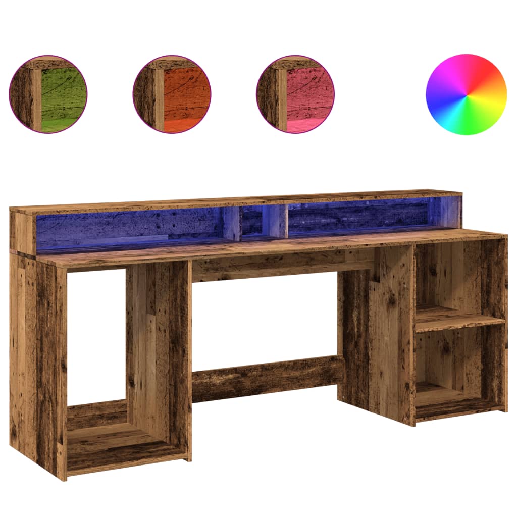 Modern Wooden 200cm Home Office Computer Desk Table With LED Lights & Storage
