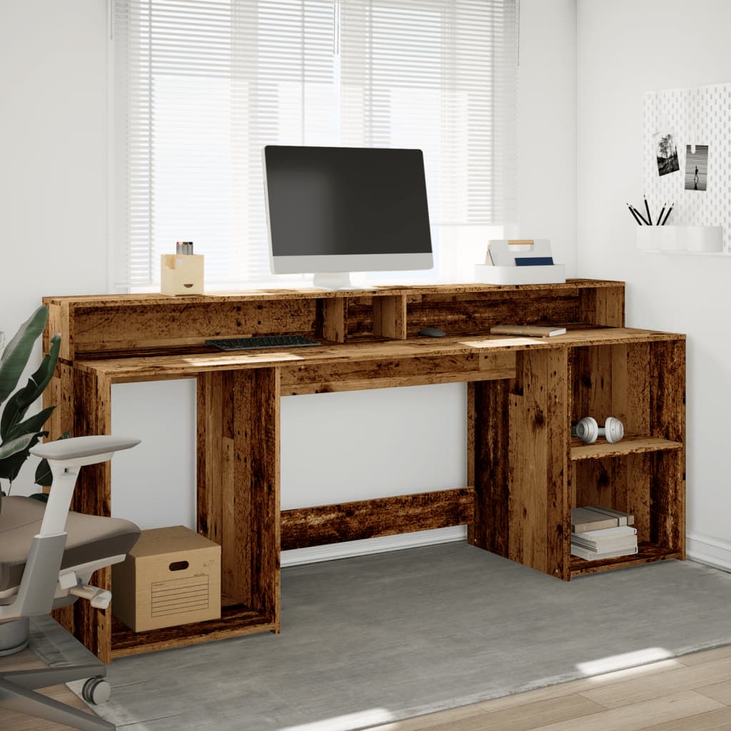 Modern Wooden 200cm Home Office Computer Desk Table With LED Lights & Storage