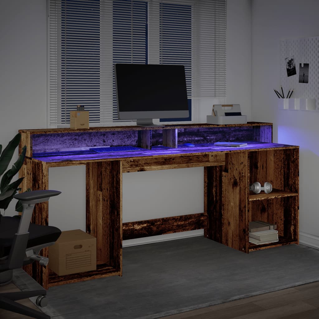 Modern Wooden 200cm Home Office Computer Desk Table With LED Lights & Storage
