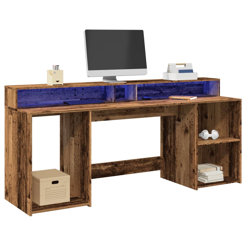 Modern Wooden 200cm Home Office Computer Desk Table With LED Lights & Storage