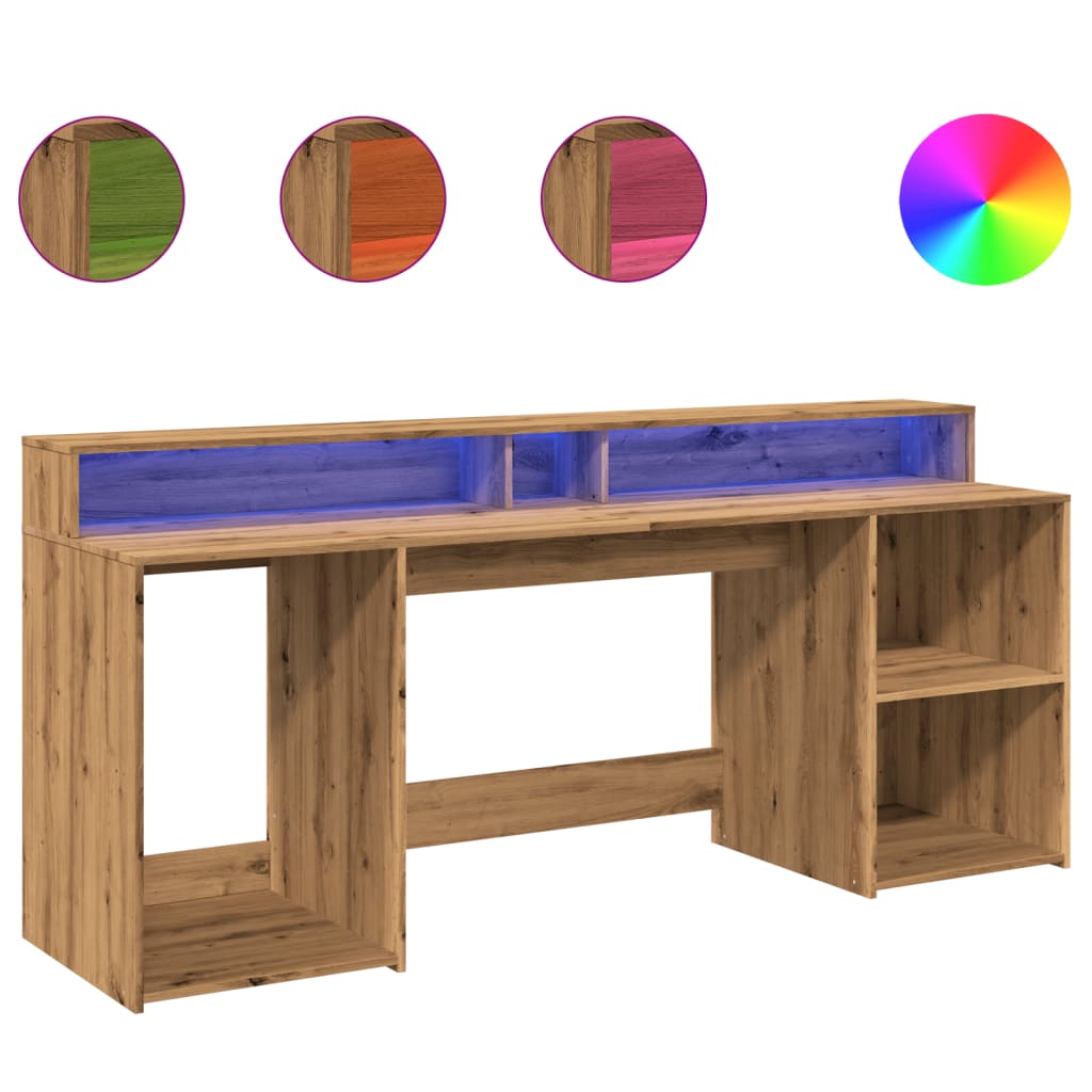 Modern Wooden 200cm Home Office Computer Desk Table With LED Lights & Storage
