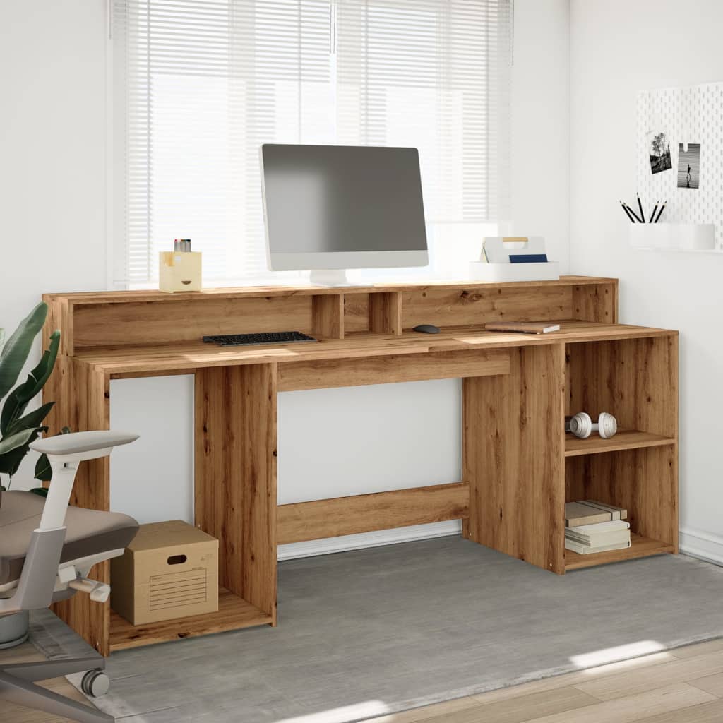 Modern Wooden 200cm Home Office Computer Desk Table With LED Lights & Storage