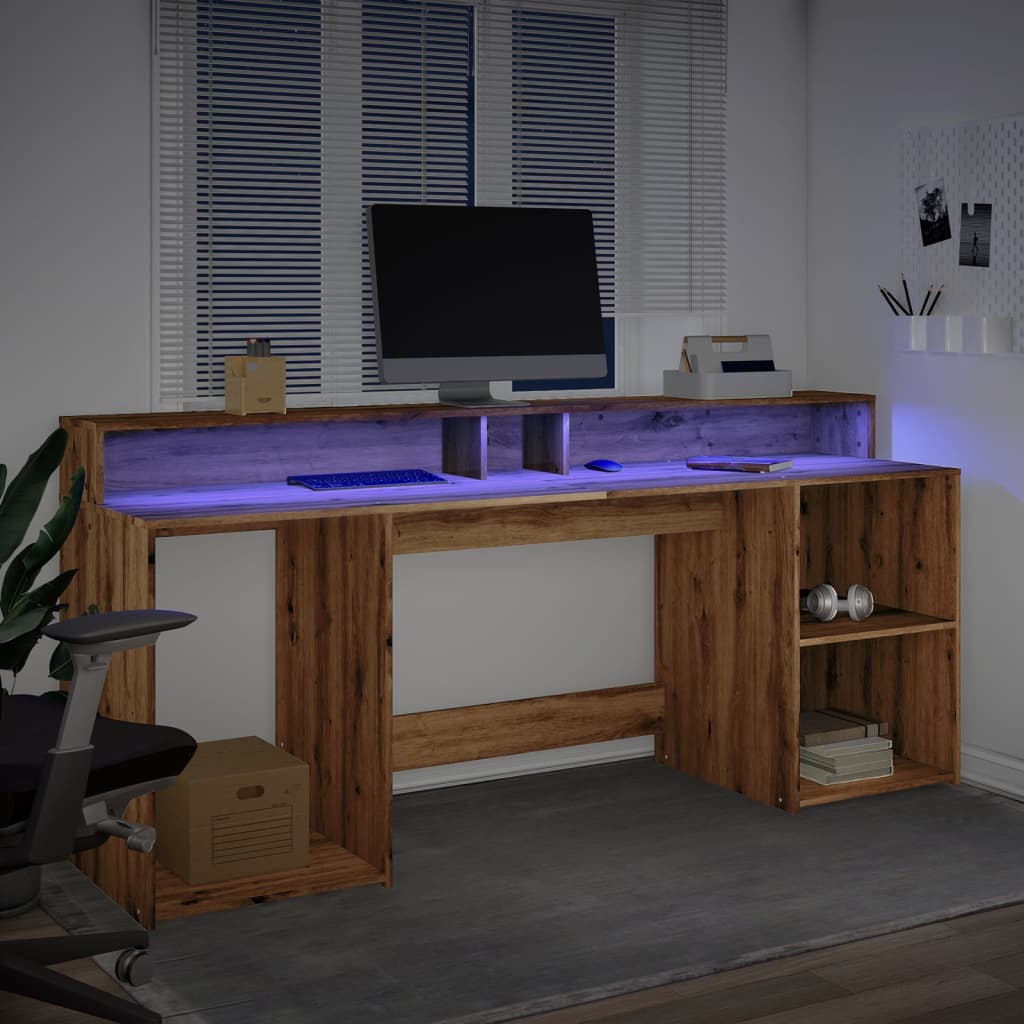 Modern Wooden 200cm Home Office Computer Desk Table With LED Lights & Storage