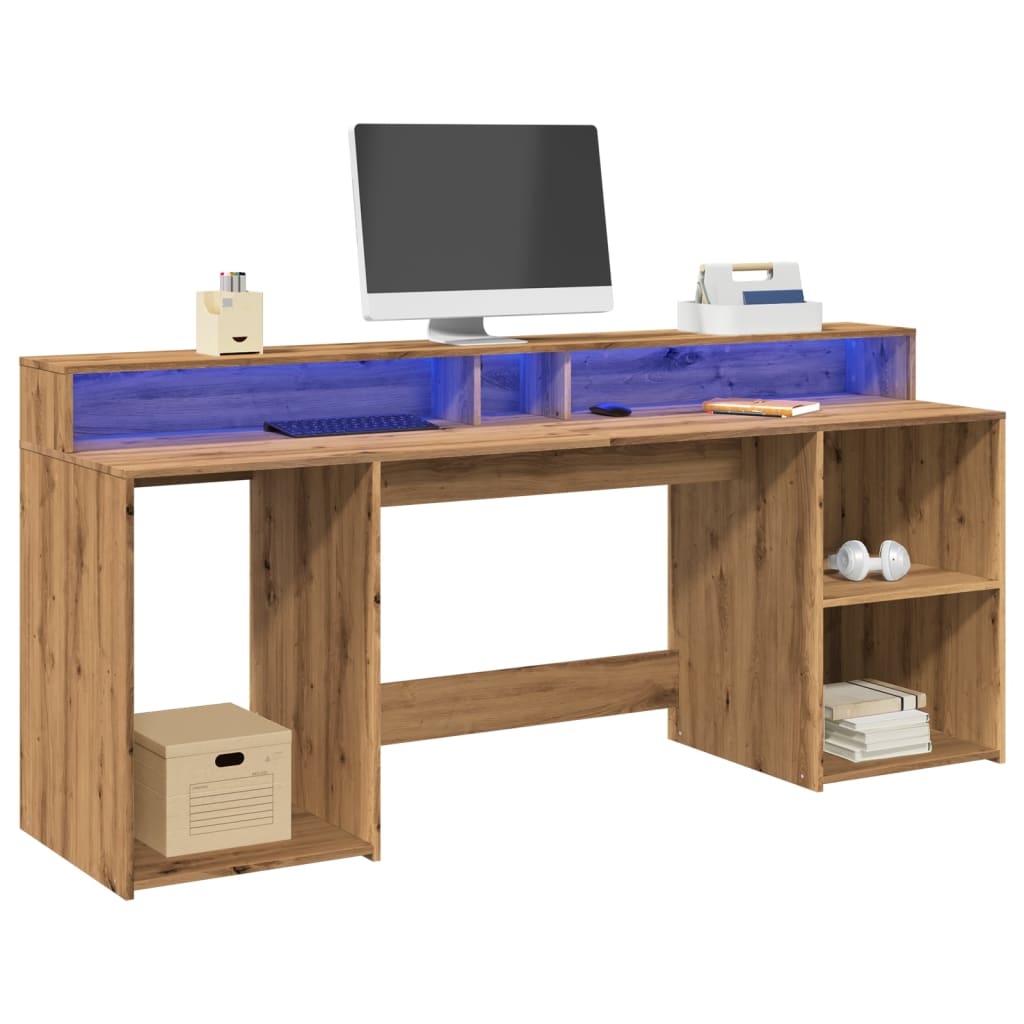 Modern Wooden 200cm Home Office Computer Desk Table With LED Lights & Storage