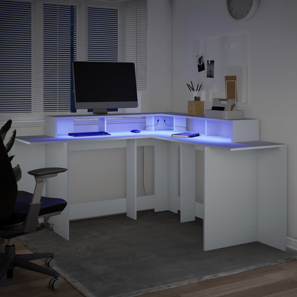 Modern Wooden Large Office Gaming Corner Computer Desk With LED Lights Storage