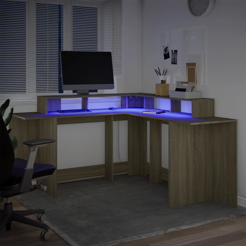 Modern Wooden Large Office Gaming Corner Computer Desk With LED Lights Storage