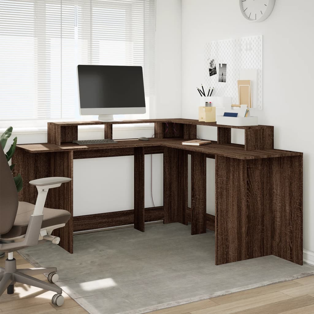 Modern Wooden Large Office Gaming Corner Computer Desk With LED Lights Storage