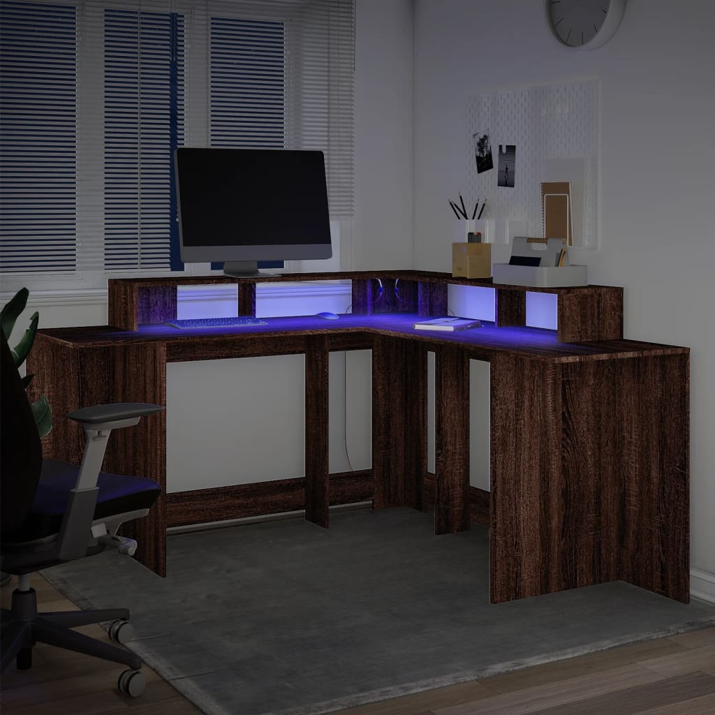 Modern Wooden Large Office Gaming Corner Computer Desk With LED Lights Storage