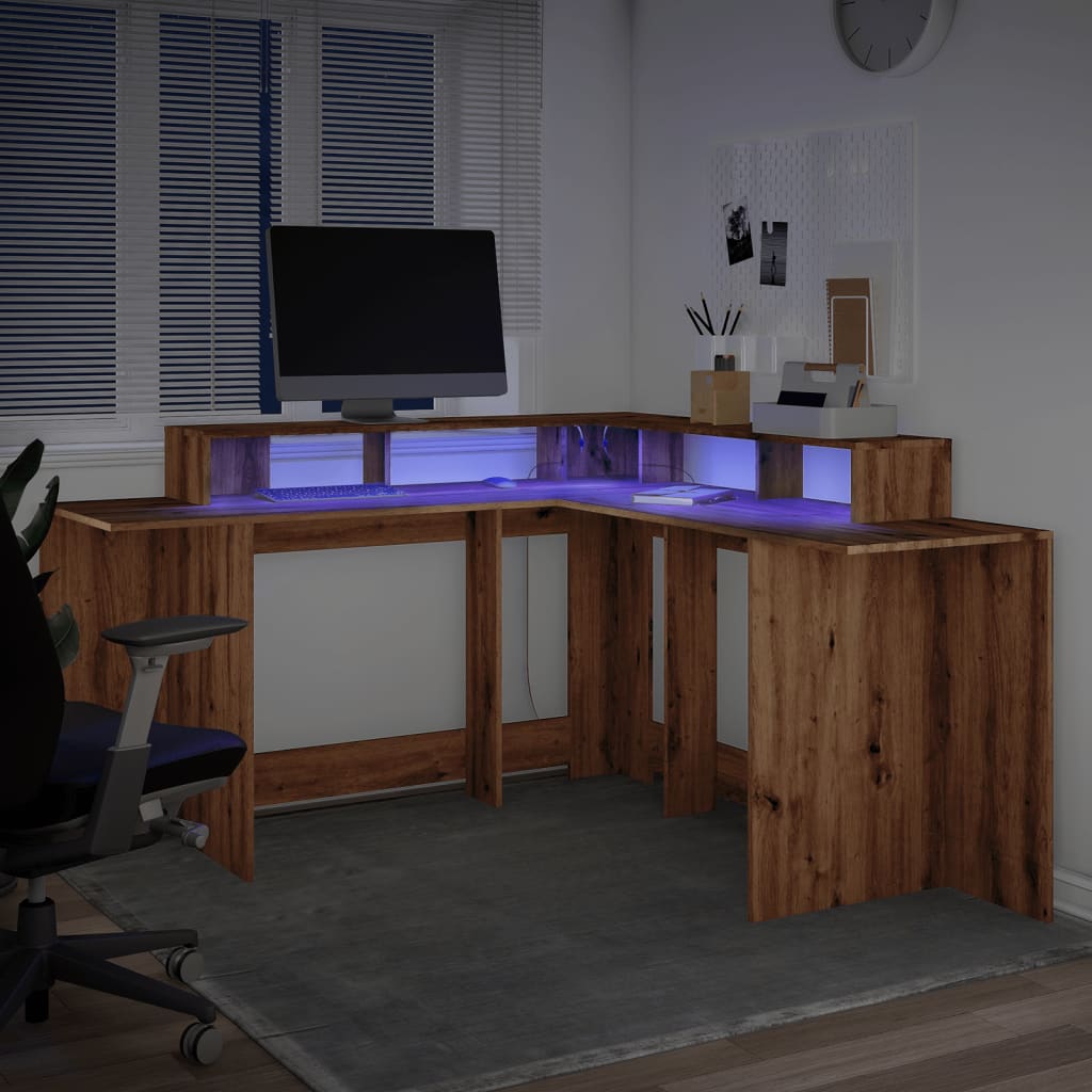 Modern Wooden Large Office Gaming Corner Computer Desk With LED Lights Storage