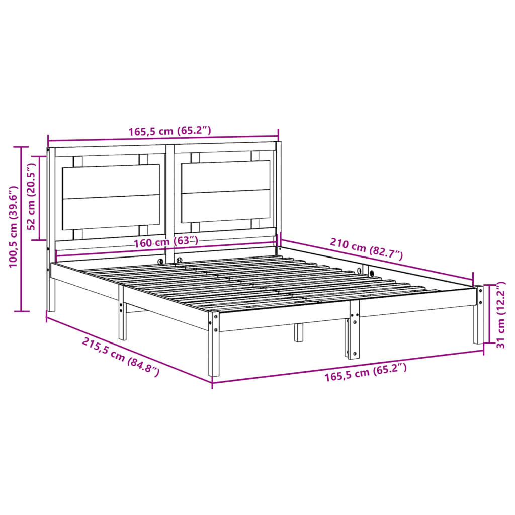 Extra Long Bed Frame without Mattress 160x210 cm Solid Wood