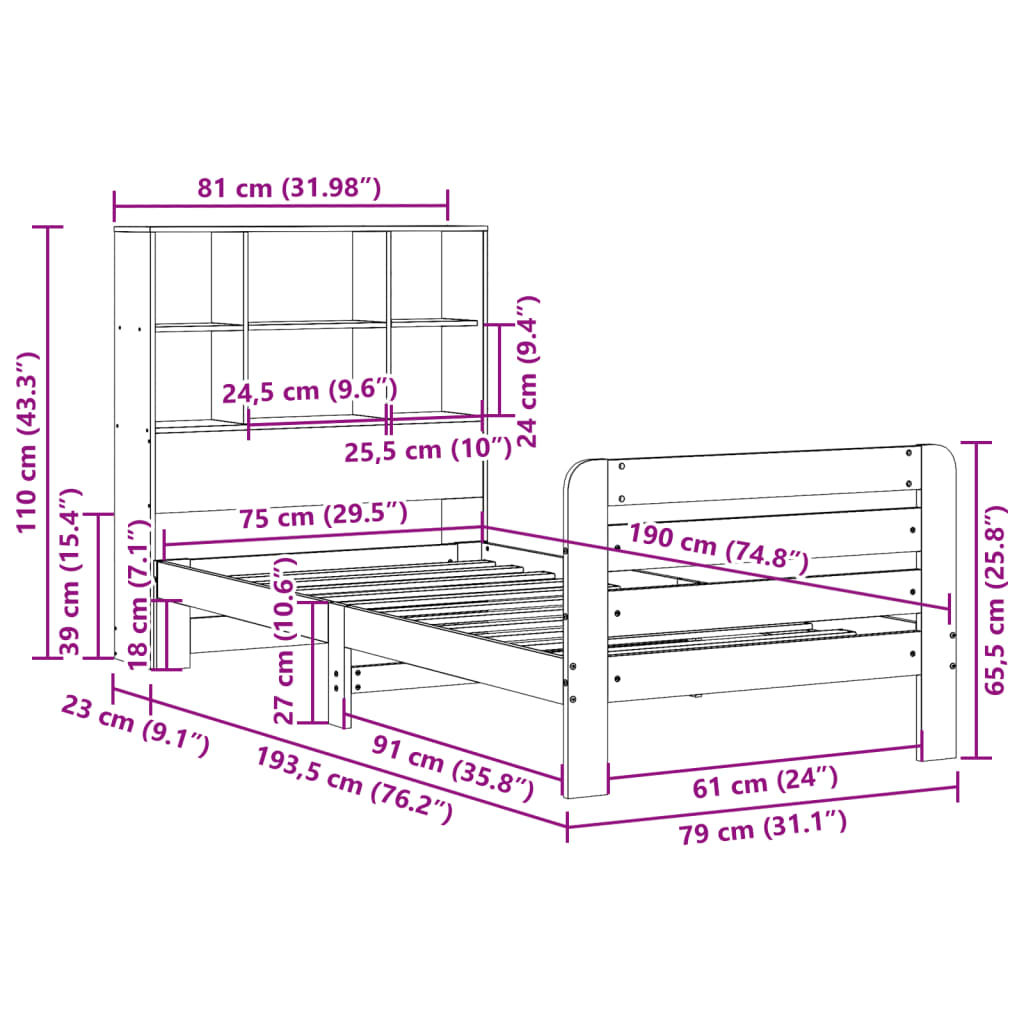 Bed Frame without Mattress Wax Brown 75x190 cm Small Single Solid Wood Pine