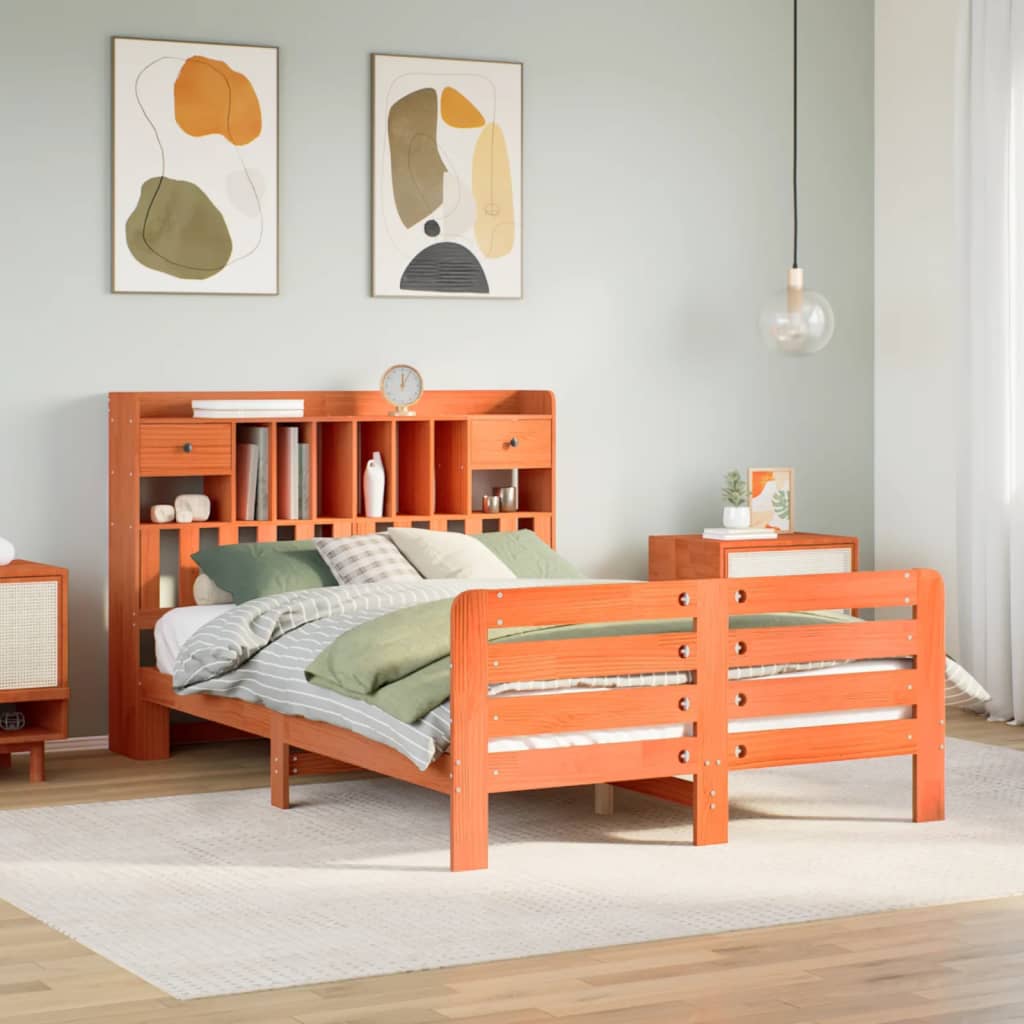 Bookcase Bed without Mattress Wax Brown 150x200 cm King Size Solid Wood Pine