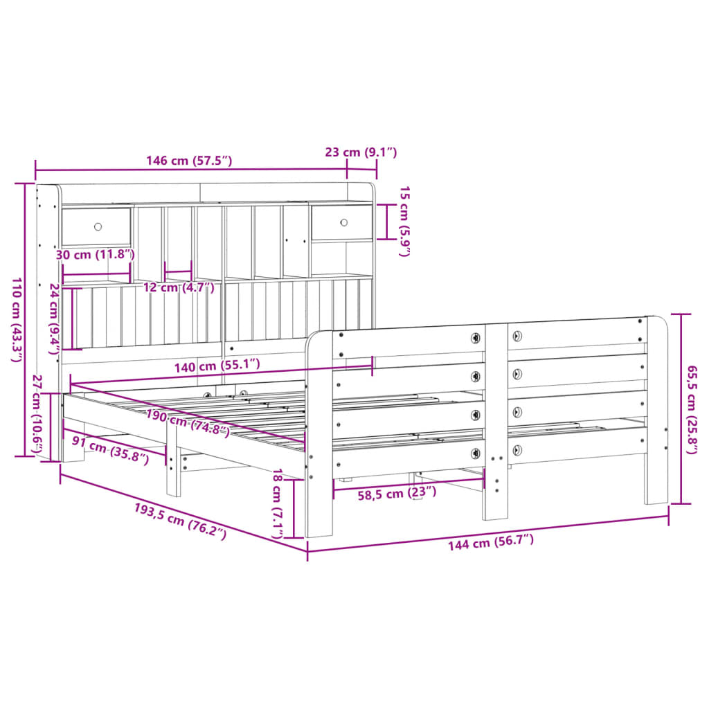 Bookcase Bed without Mattress White 140x190 cm Solid Wood Pine