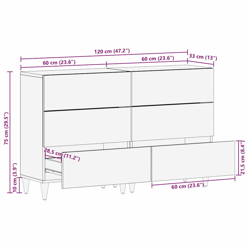 Sideboards 2 pcs Brown 60 x 33.5 x 75 cm Solid Mango wood