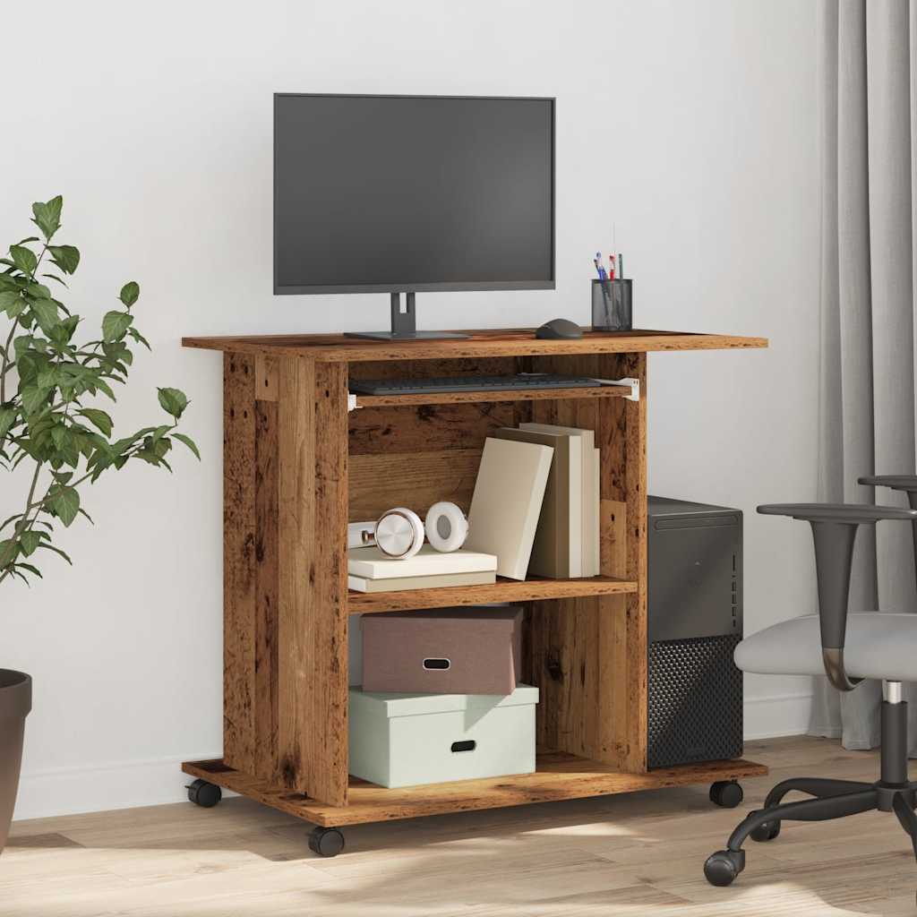 Modern Wooden Home Office Writing Computer Desk With Wheels & Keyboard Train