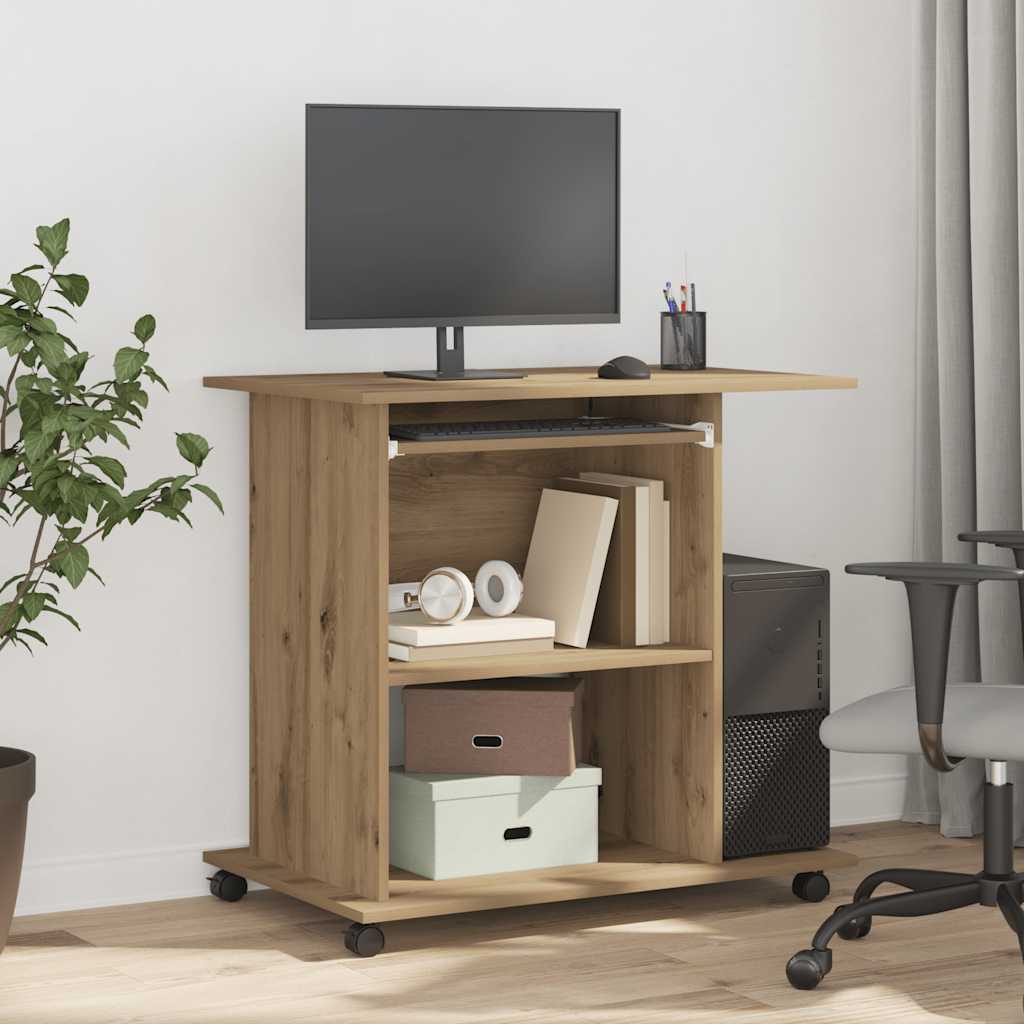 Modern Wooden Home Office Writing Computer Desk With Wheels & Keyboard Train