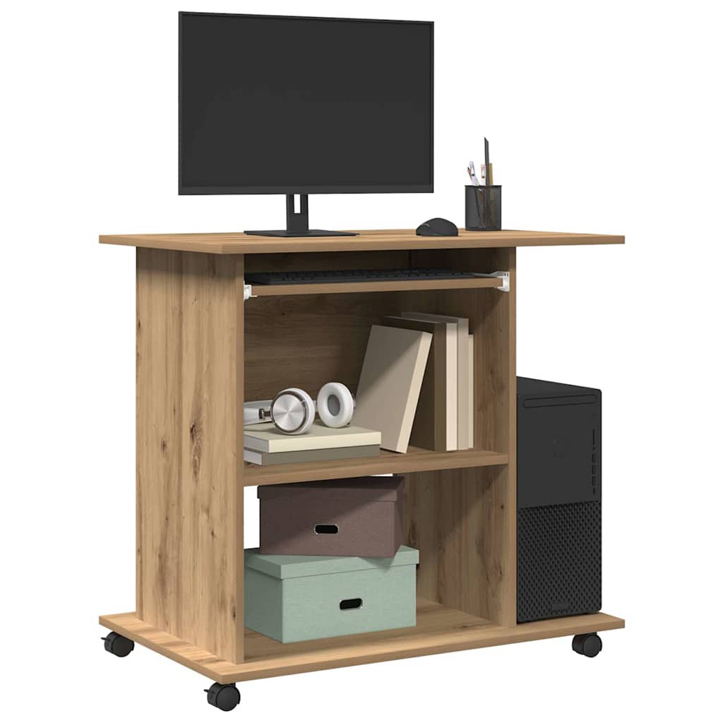 Modern Wooden Home Office Writing Computer Desk With Wheels & Keyboard Train