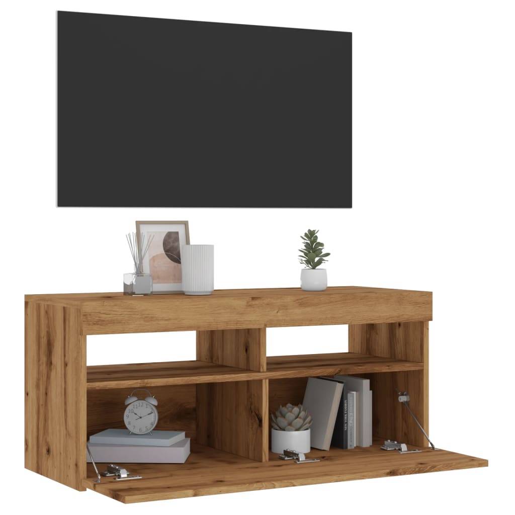 Modern Wooden TV Tele Stand Media Unit Cabinet With Storage & LED Lights Wood