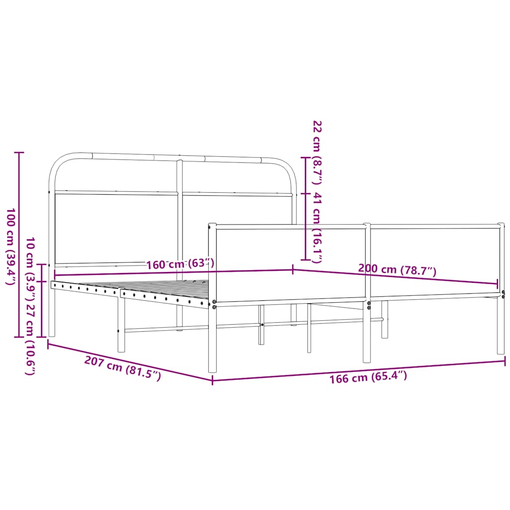 Metal Bed Frame without Mattress Brown Oak 160x200 cm