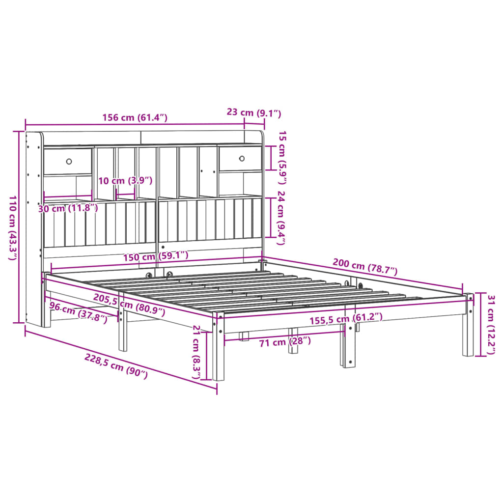 Bookcase Bed without Mattress 150x200 cm King Solid Wood Pine