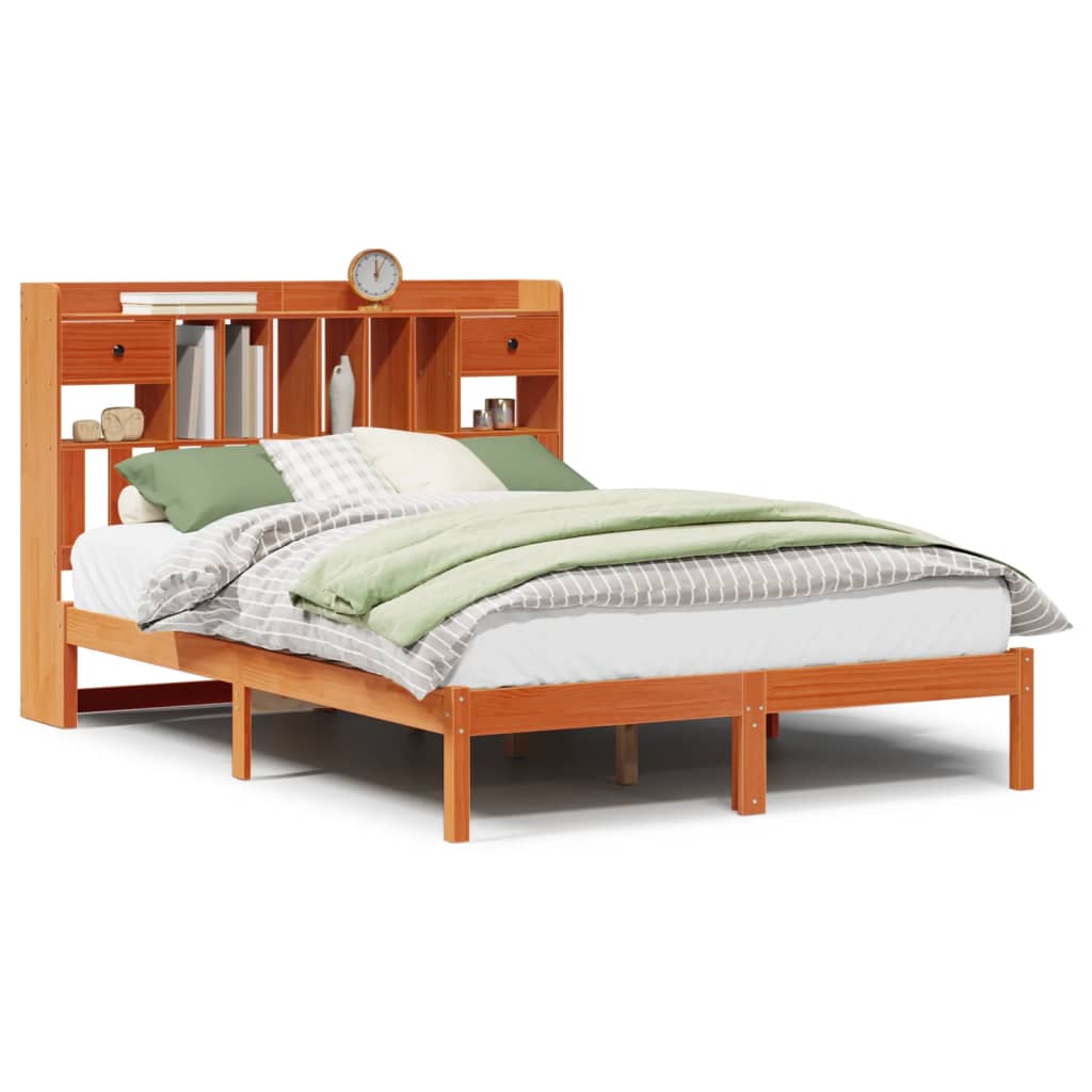 Bookcase Bed without Mattress Wax Brown 150x200 cm King Solid Wood Pine