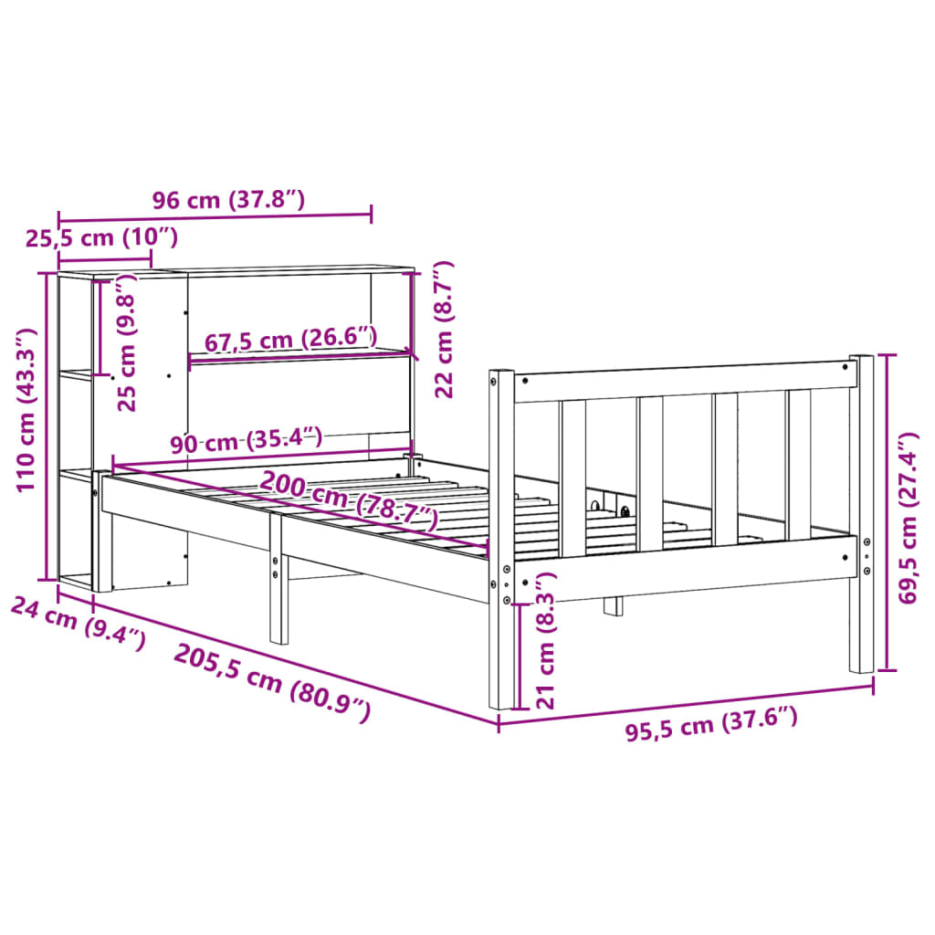 Bookcase Bed without Mattress White 90x200 cm Solid Wood Pine