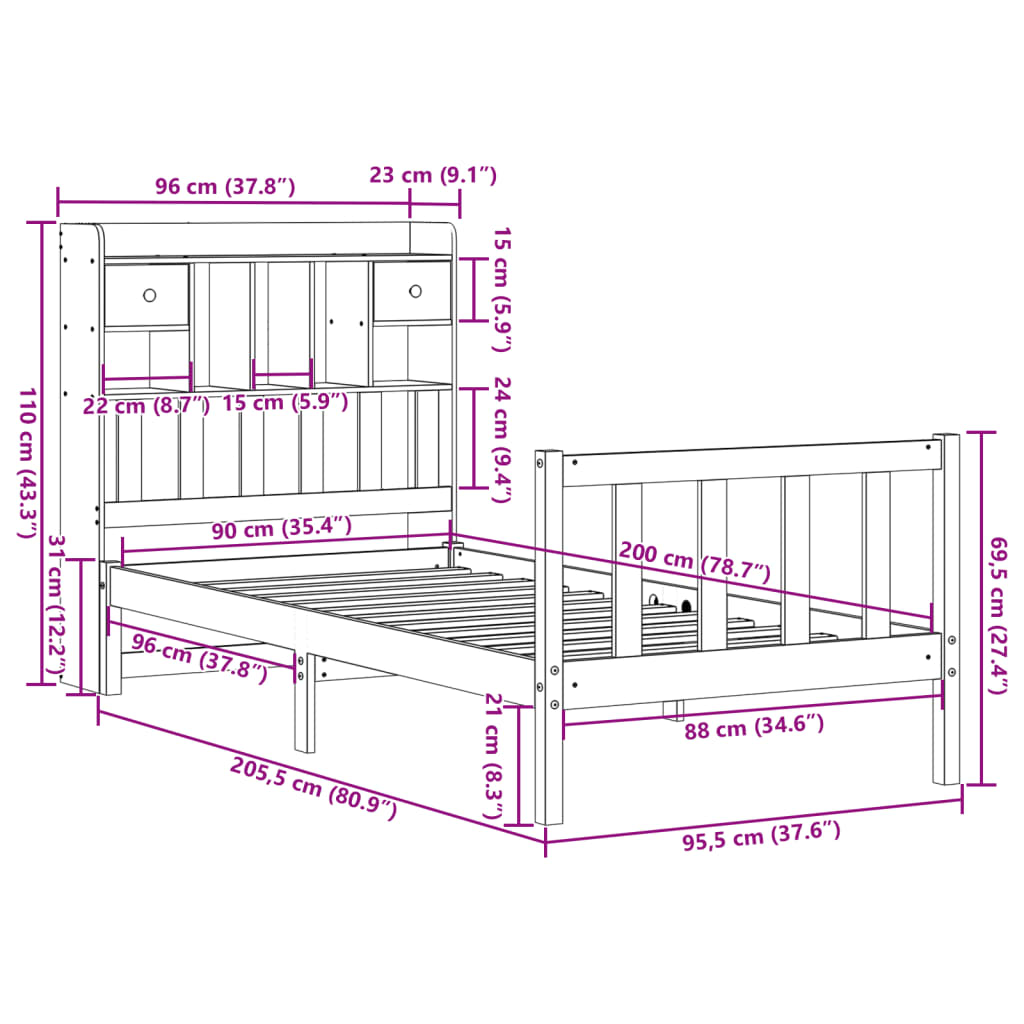 Bookcase Bed without Mattress 90x200 cm Solid Wood Pine