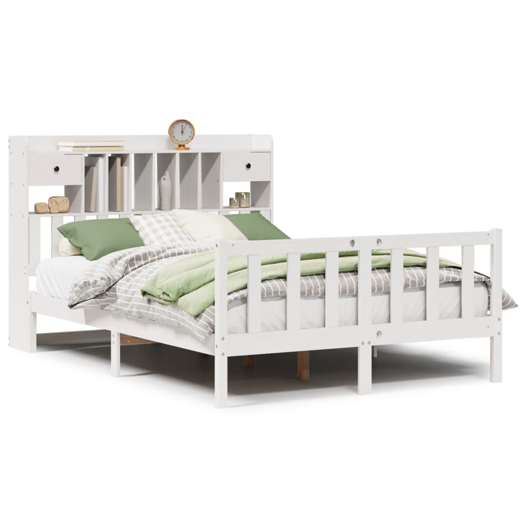 Bookcase Bed without Mattress White 150x200 cm King Solid Wood Pine