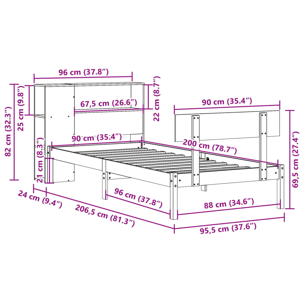 Bookcase Bed without Mattress 90x200 cm Solid Wood Pine