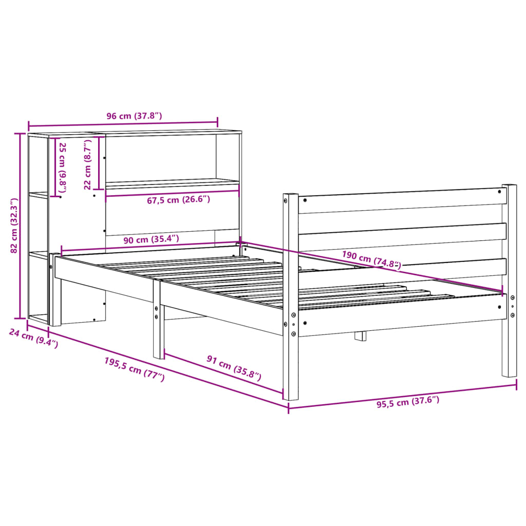 Bookcase Bed without Mattress White 90x190 cm Single Solid Wood Pine