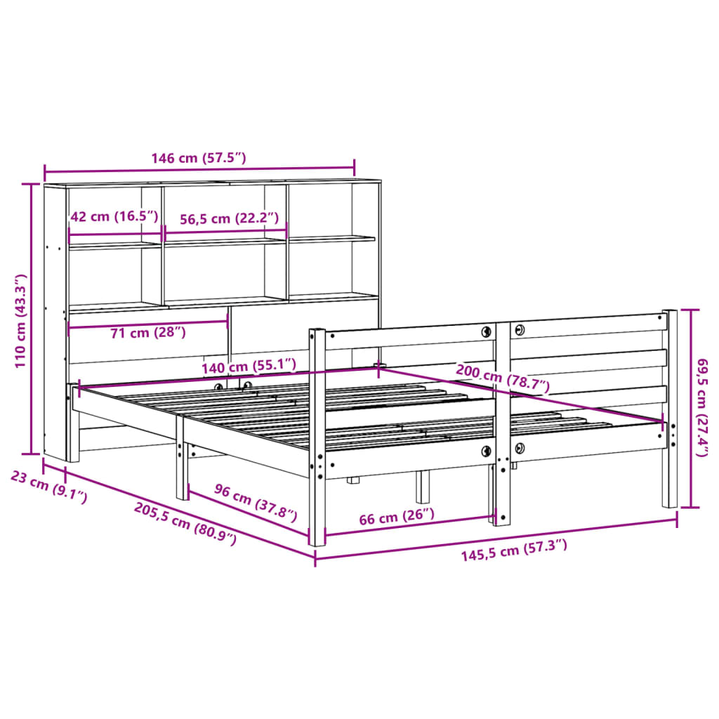 Bookcase Bed without Mattress 140x200 cm Solid Wood Pine