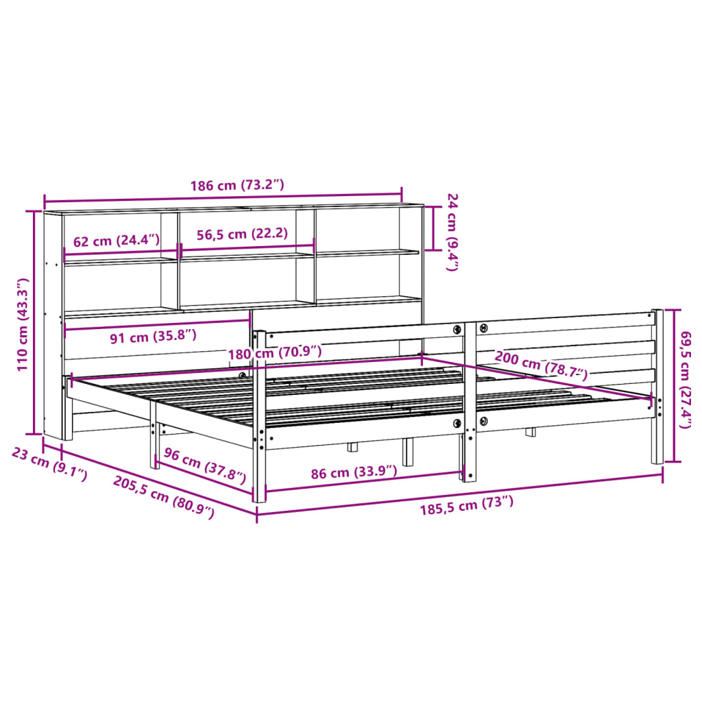 Bookcase Bed without Mattress 180x200 cm Super King Solid Wood Pine